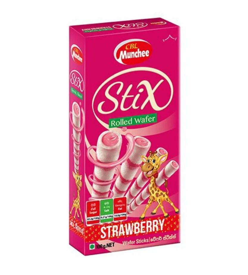 CBL Munchee Rolled Wafer Stix Strawberry 100g-أعواد سي بي إل مونشي الملفوفة بنكهة الفراولة 100 غرام
